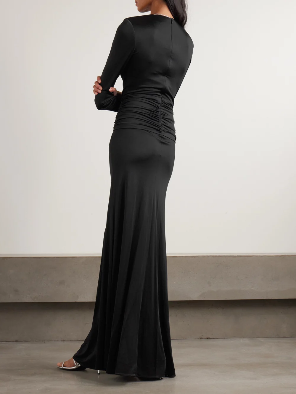 Back view of the Ilkyaz Ozel Azure Crystal-embellished Gathered Stretch-jersey Gown