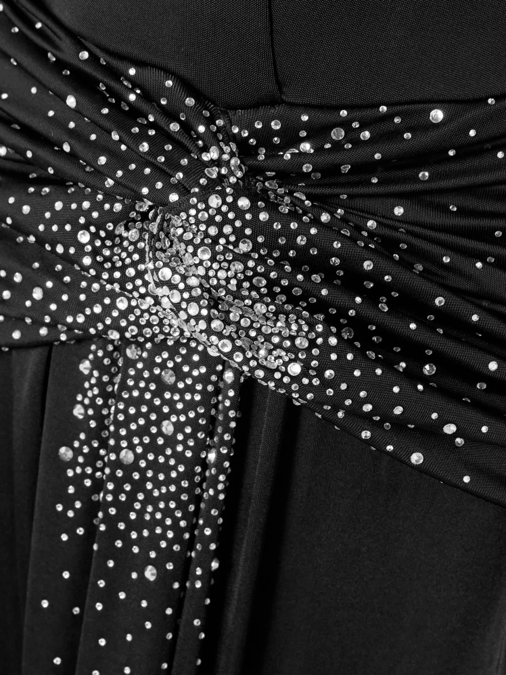 Close-up detail of the Ilkyaz Ozel Azure Crystal-embellished Gathered Stretch-jersey Gown