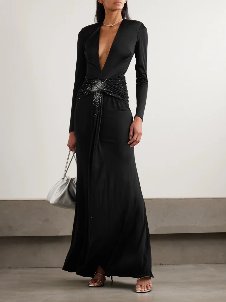 Ilkyaz Ozel Azure Crystal-embellished Gathered Stretch-jersey Gown