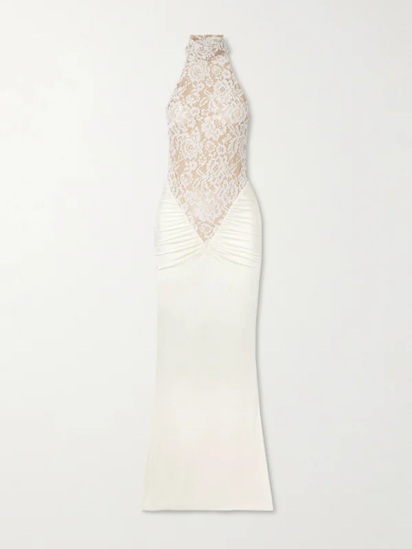 Ilkyaz Ozel Cass Gathered Lace-trimmed Satin-jersey Halterneck Gown
