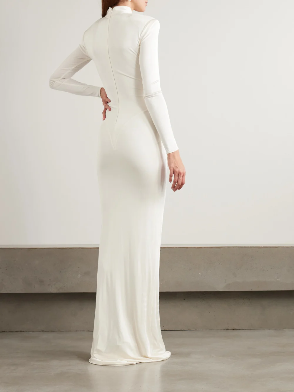 Back view of the Ilkyaz Ozel Darja Gathered Satin-jersey Gown