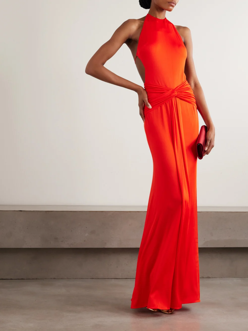Ilkyaz Ozel Euphorie Open-back Gathered Stretch-jersey Gown, worn by a model