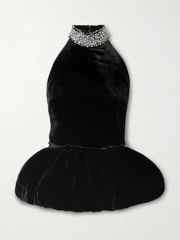 Ilkyaz Ozel Hemingway Crystal-embellished Velvet Peplum Halterneck Top