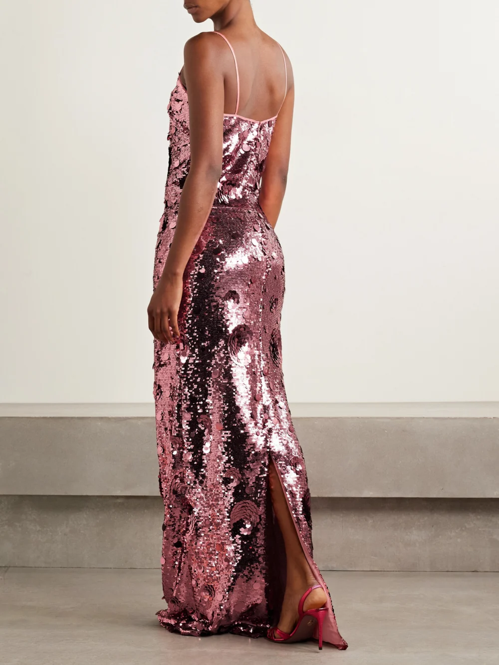 Back view of the Ilkyaz Ozel Isis in Fleur De Fleurs Sequined Crepe Maxi Dress