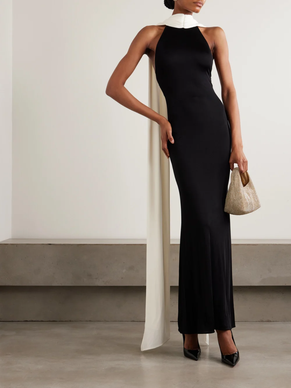 Ilkyaz Ozel Leia Draped Two-tone Jersey Gown, worn by a model
