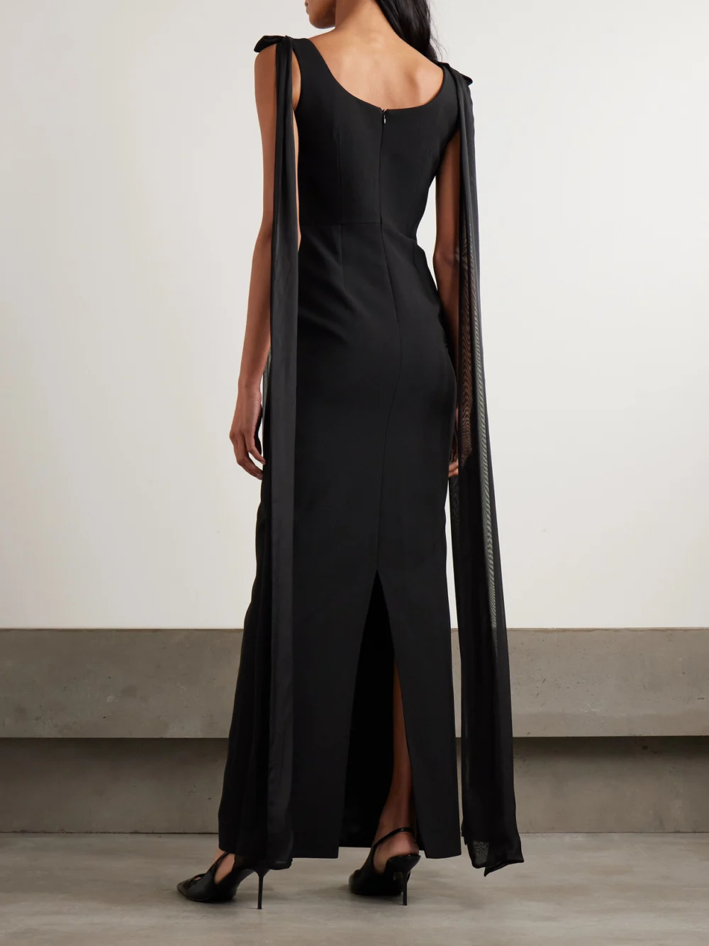 Back view of the Ilkyaz Ozel Morticia Bow-detailed Draped Silk Voile-trimmed Cady Gown