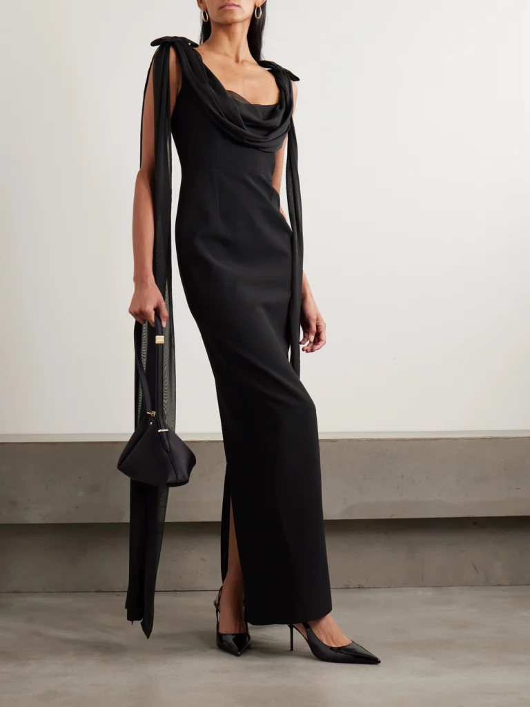 Ilkyaz Ozel Morticia Bow-detailed Draped Silk Voile-trimmed Cady Gown