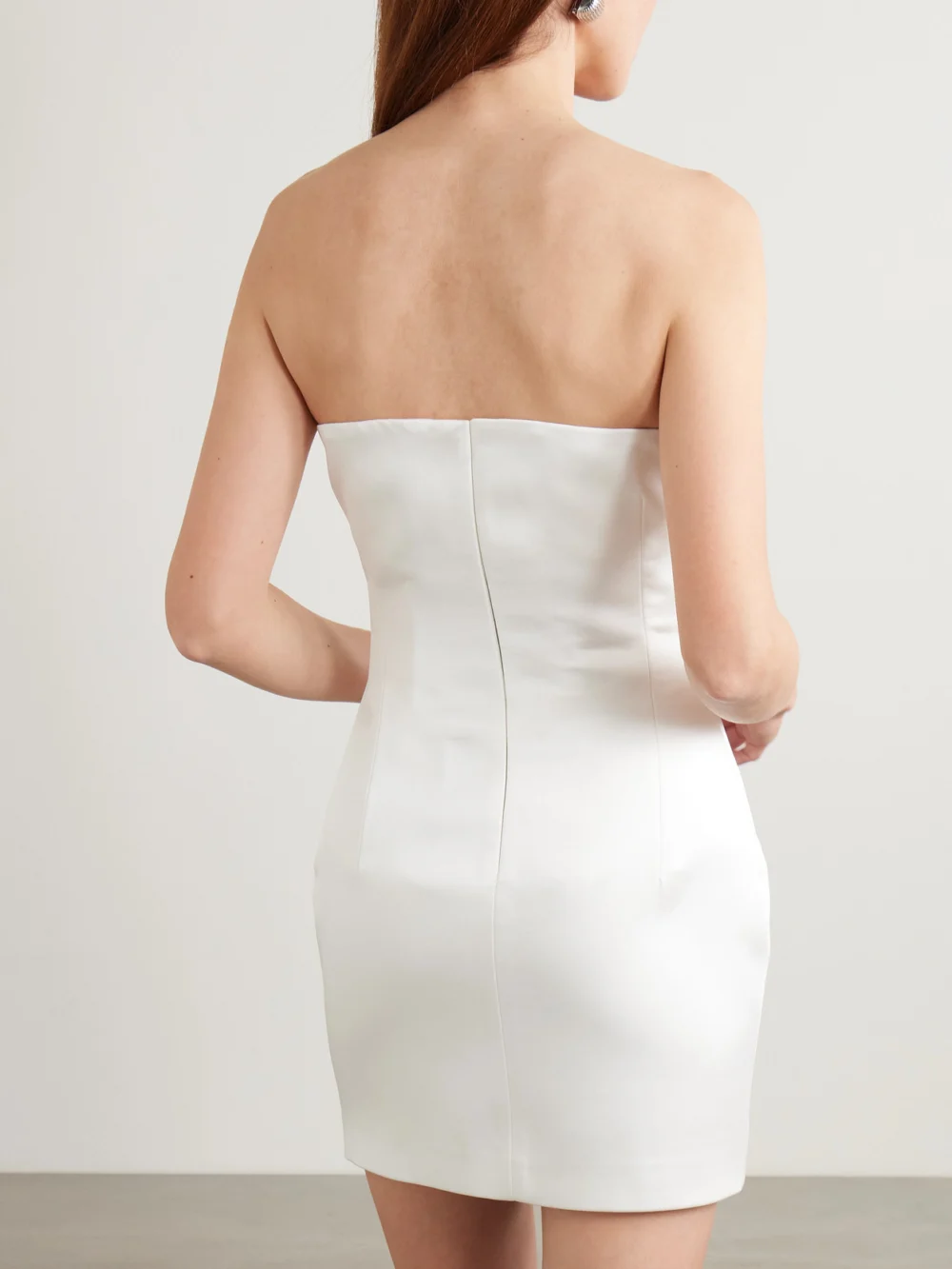 Back view of the Ilkyaz Ozel Noele Strapless Crystal-embellished Satin Mini Dress