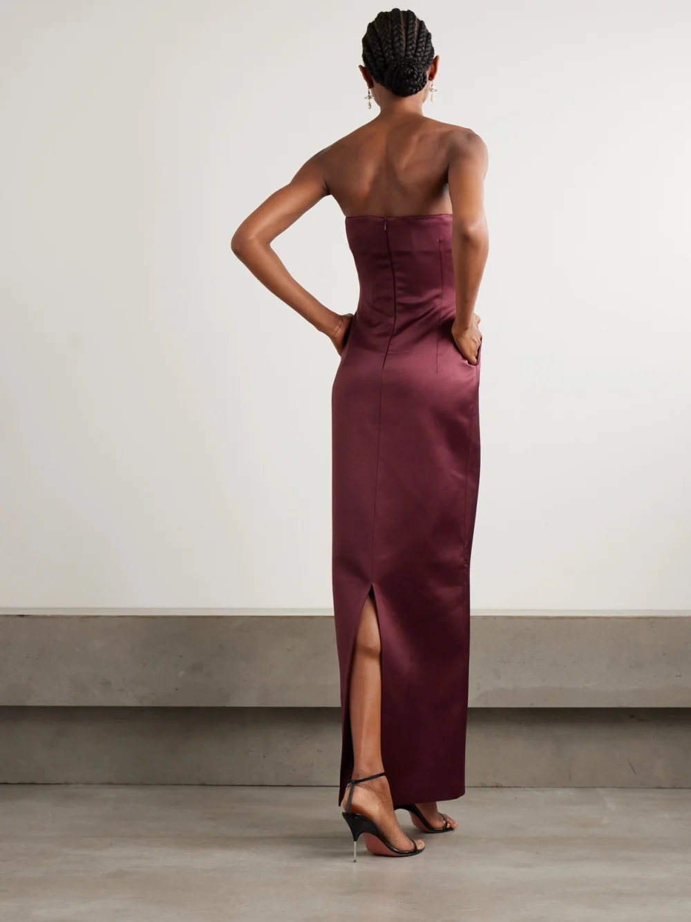 Back view of the Ilkyaz Ozel Noélie Strapless Crystal-embellished Satin Maxi Dress
