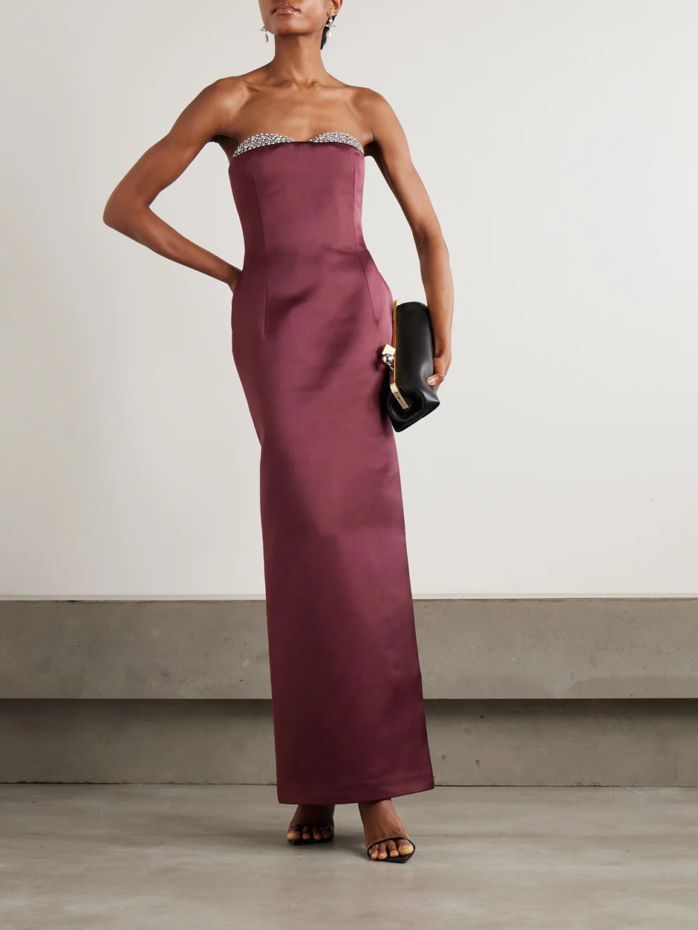 Ilkyaz Ozel Noélie Strapless Crystal-embellished Satin Maxi Dress, worn by a model