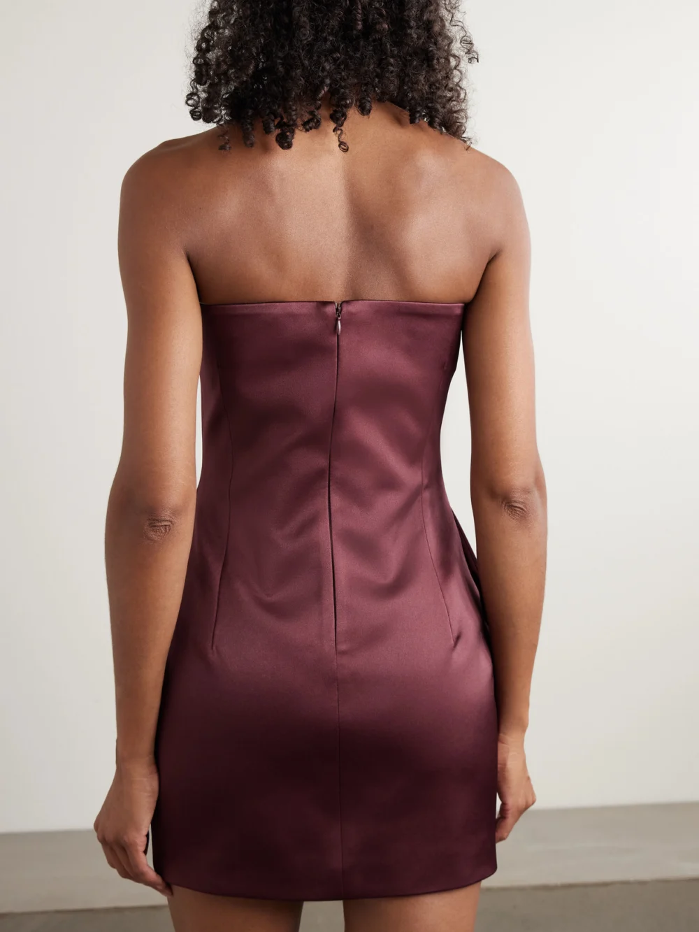 Back view of the Ilkyaz Ozel Noélie Strapless Crystal-embellished Satin Mini Dress
