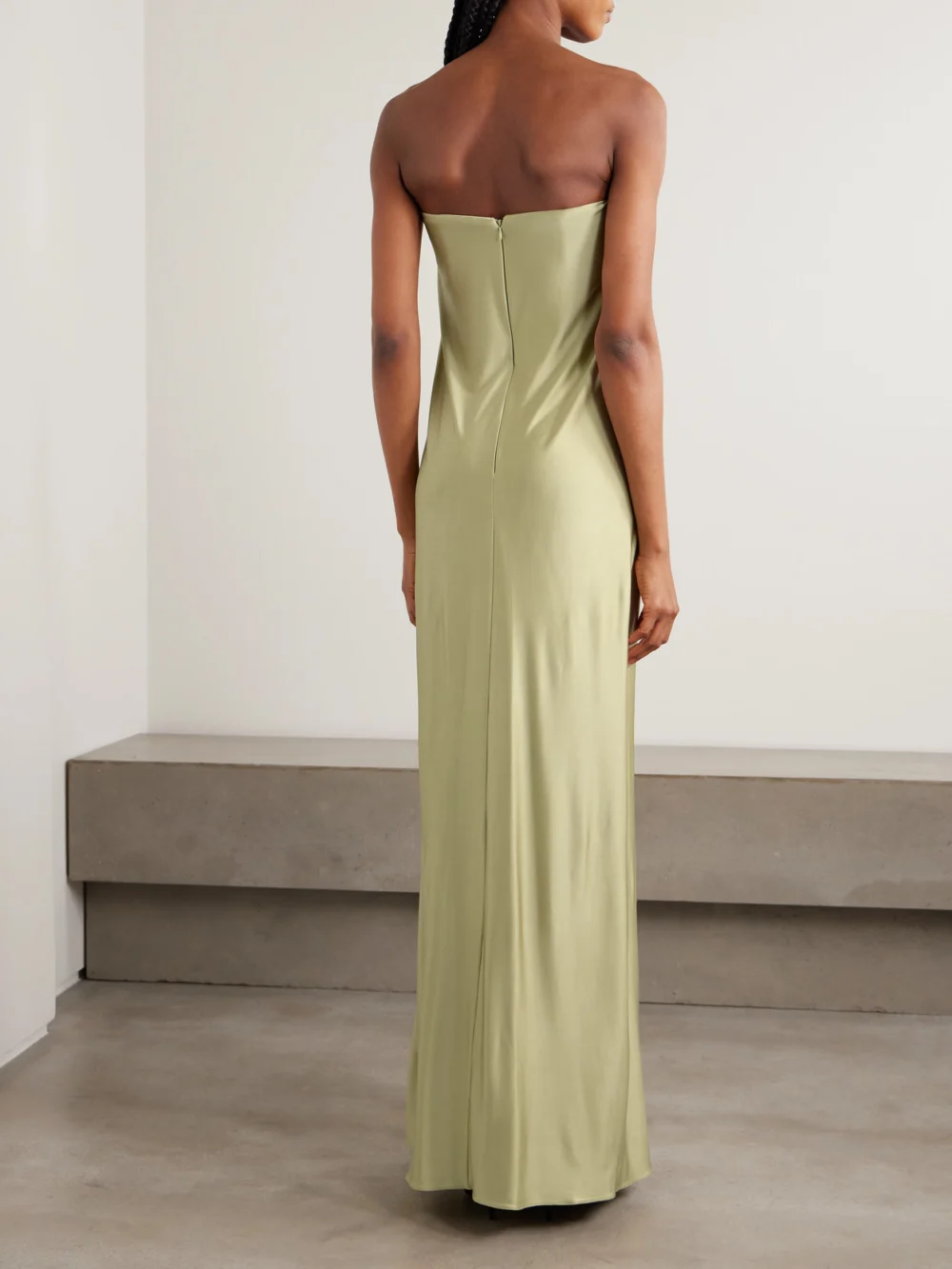 Back view of the Ilkyaz Ozel Olivienne Strapless Pleated Satin Gown