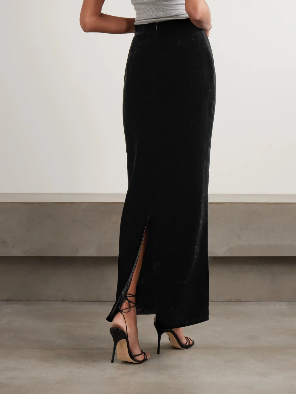 Back view of the Ilkyaz Ozel Raja Velvet Midi Skirt