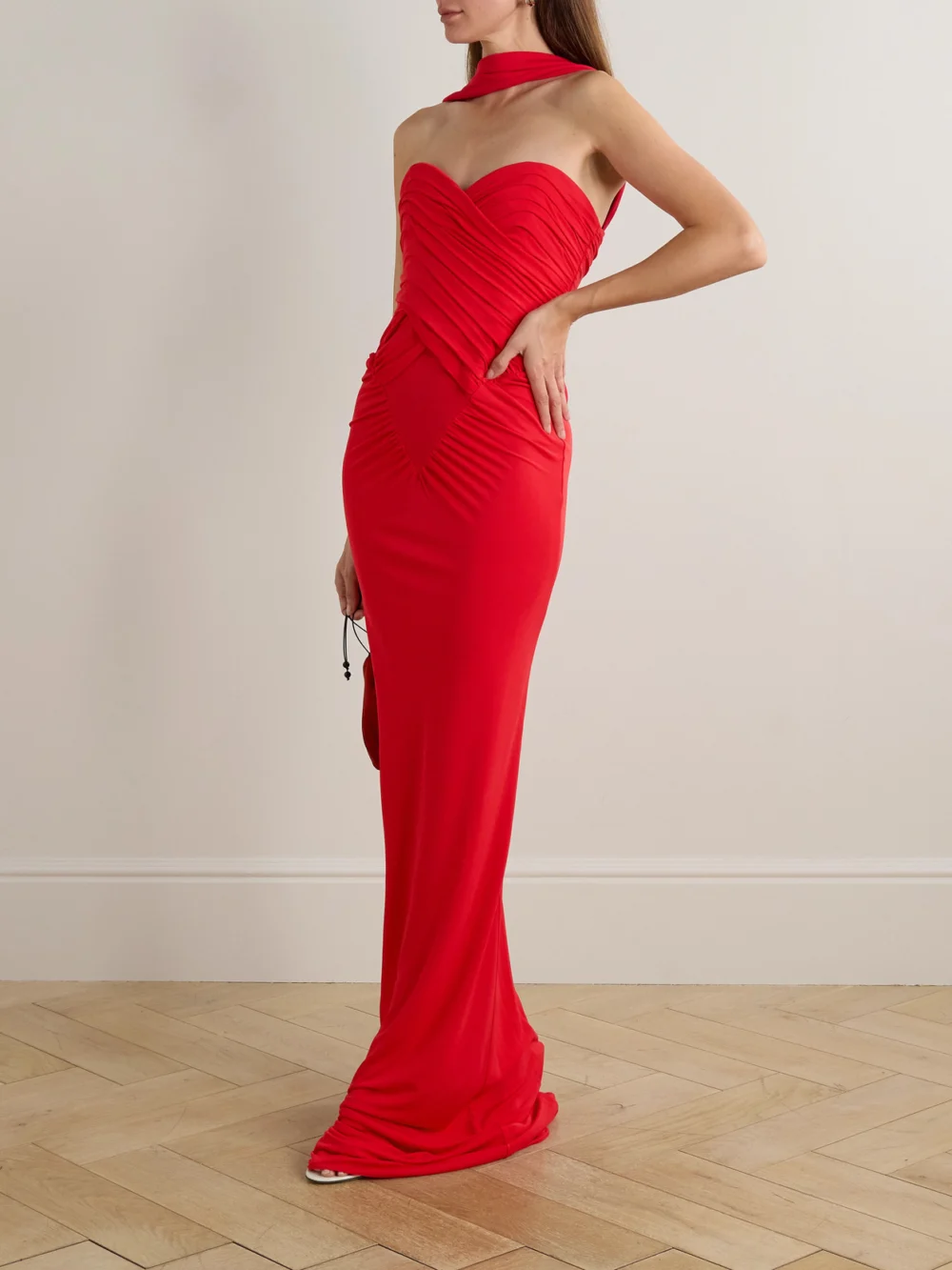Ilkyaz Ozel Samsara Gathered Jersey Halterneck Gown, worn by a model