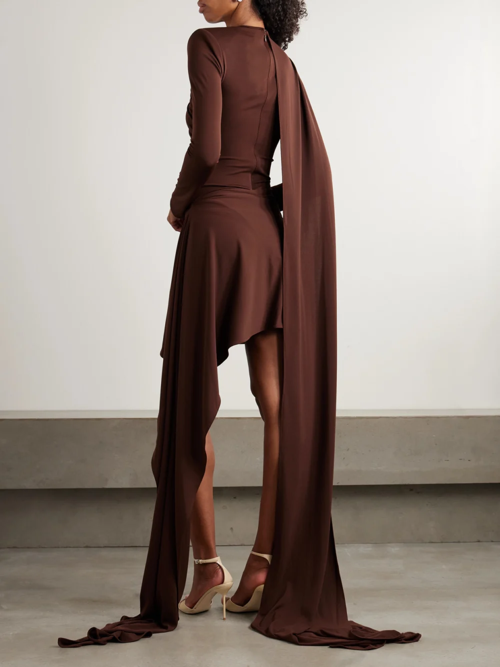 Back view of the Ilkyaz Ozel Venus Asymmetric Draped Gathered Jersey Dress