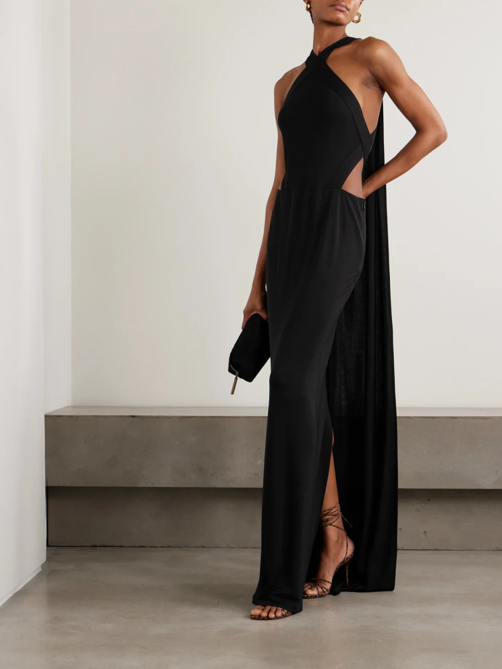Ilkyaz Ozel Yoko Cutout Crepe Halterneck Gown, worn by a model