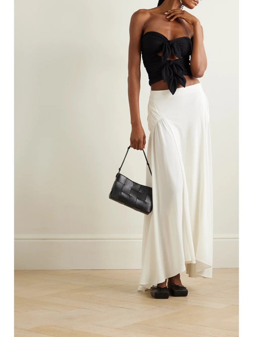 Interior Andre Asymmetric Paneled Stretch-jersey Maxi Skirt, worn by a model