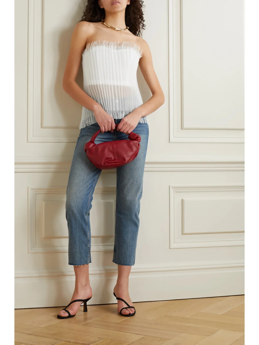 Interior The Briony Strapless Pleated Layered Silk-organza and Mesh Top, worn by a model
