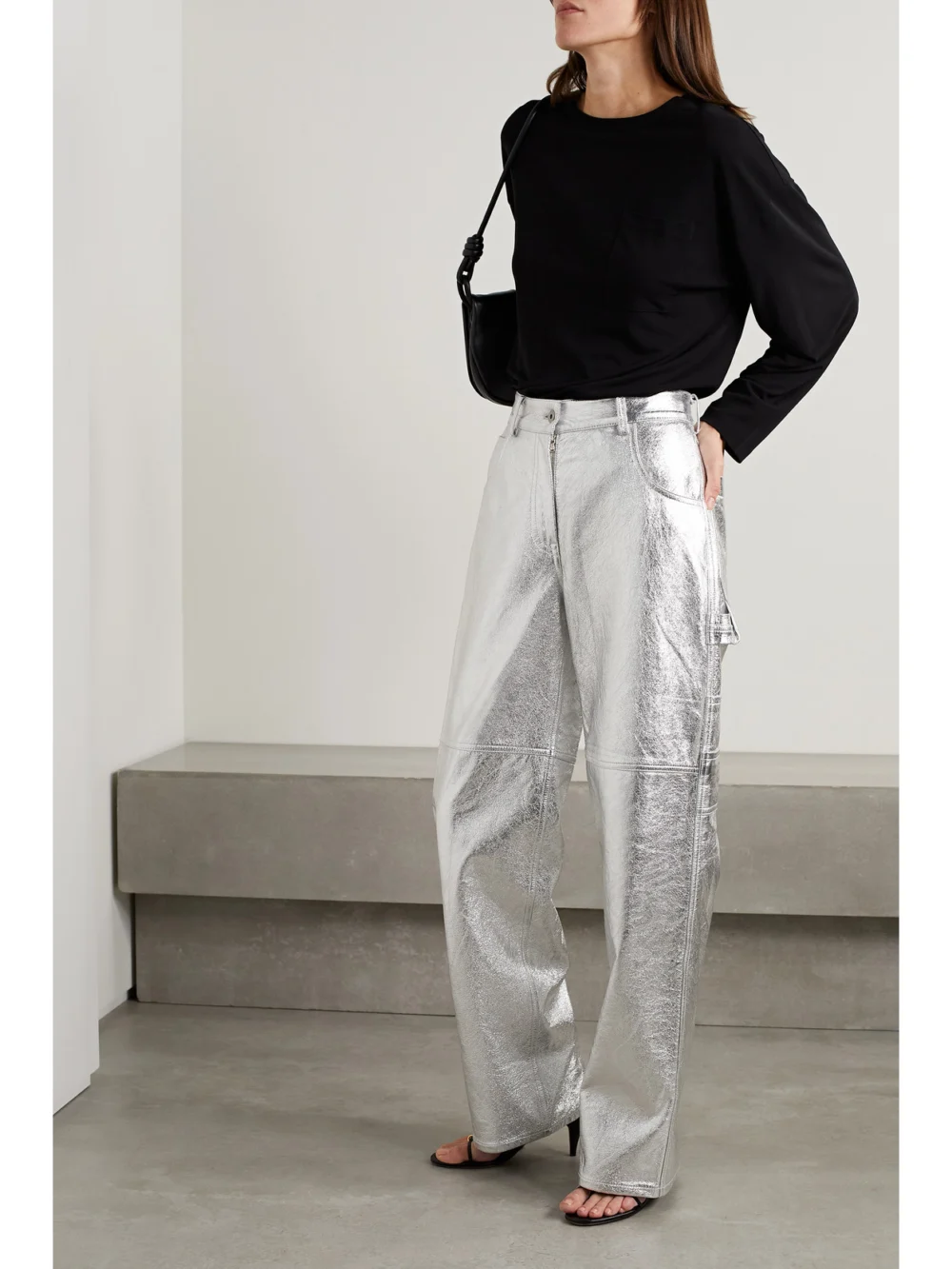 Interior The Sterling Metallic Coated-cotton Straight-leg Pants, worn by a model