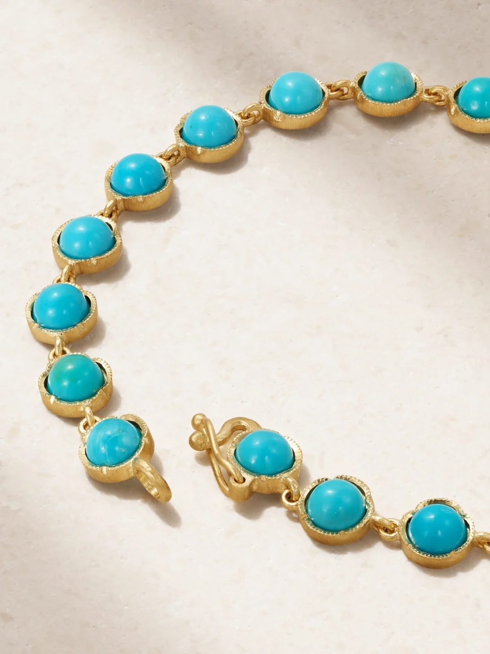 Close-up detail of the Irene Neuwirth Classic 18-karat Gold Turquoise Bracelet