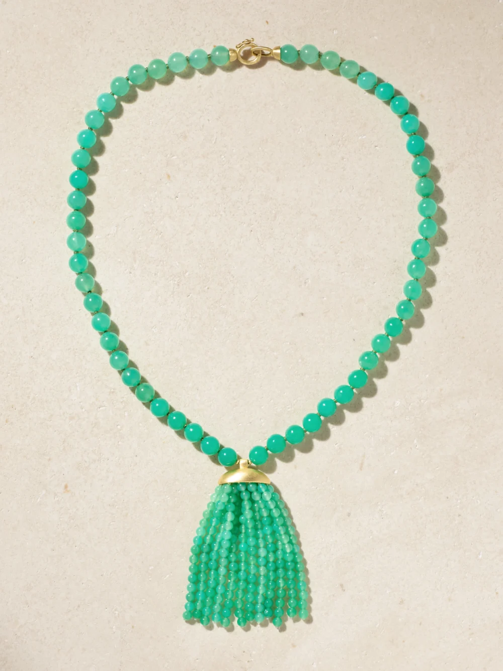 Close-up detail of the Irene Neuwirth Gumball Tassel 18-karat Gold Chrysoprase Necklace