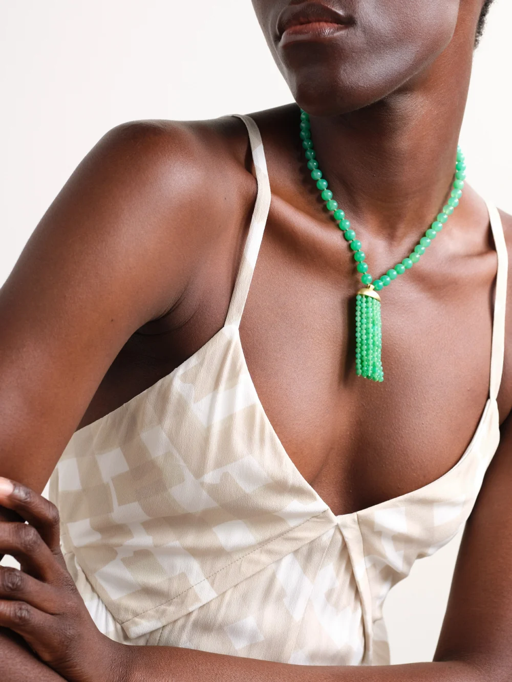 Irene Neuwirth Gumball Tassel 18-karat Gold Chrysoprase Necklace, styled view
