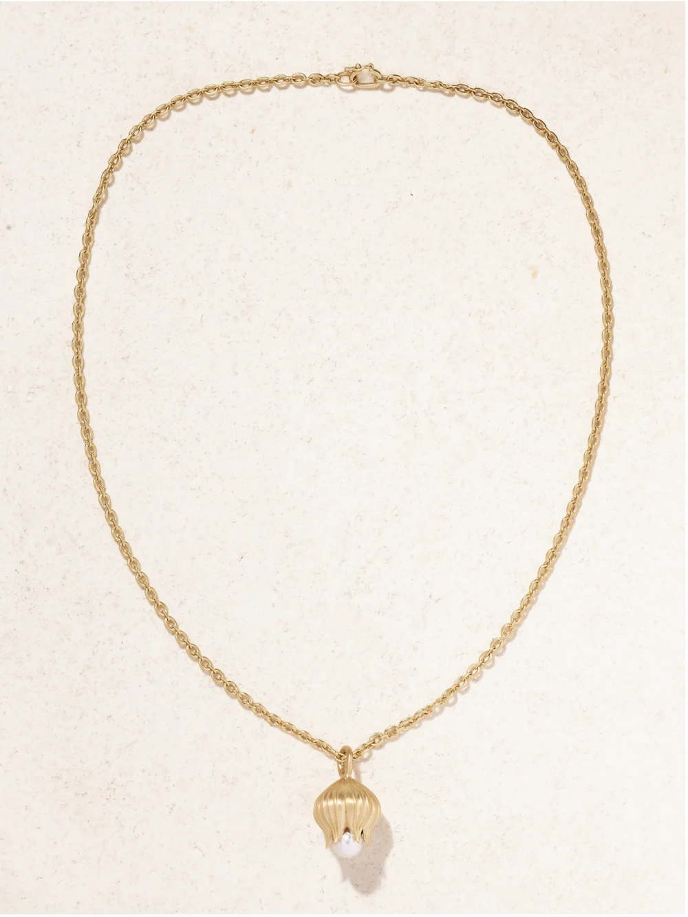 Close-up detail of the Irene Neuwirth Lily of the Valley Blossom 18-karat Gold Pearl Necklace