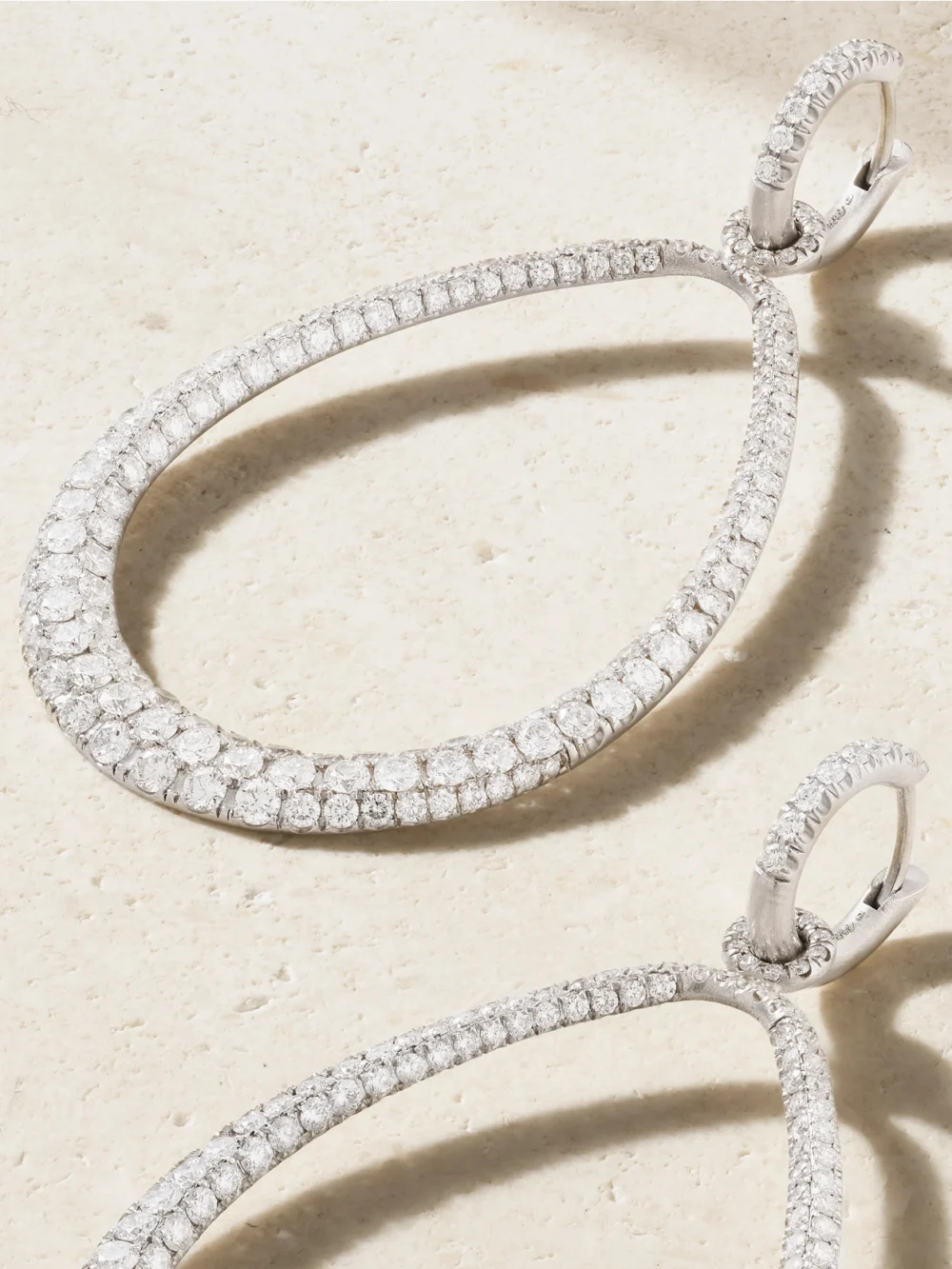 Close-up detail of the Irene Neuwirth Swing 18-karat White Gold Diamond Hoop Earrings