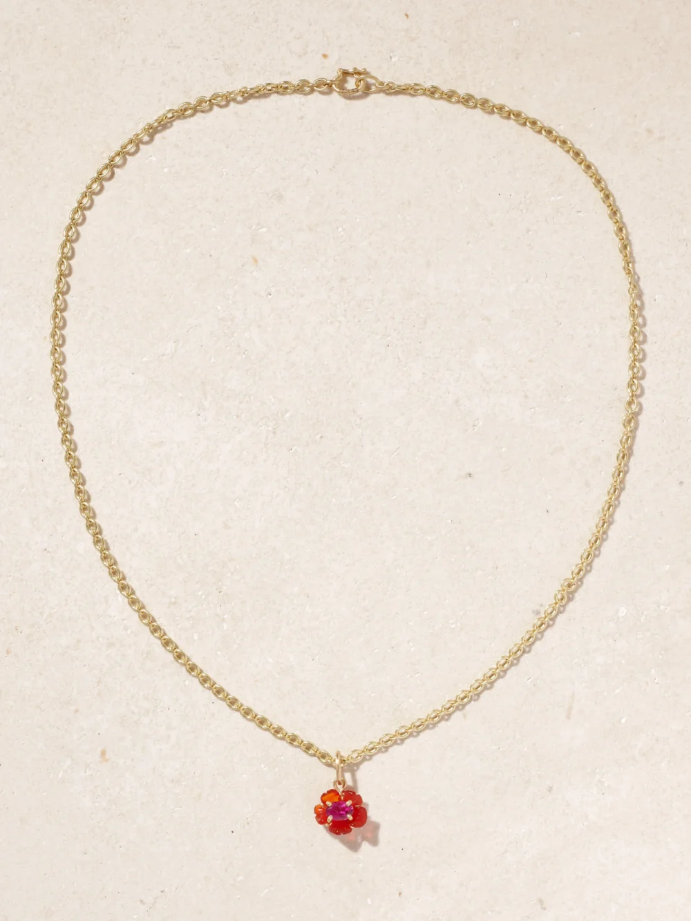 Close-up detail of the Irene Neuwirth Tropical Flower 18-karat Gold, Fire Opal and Rubellite Necklace