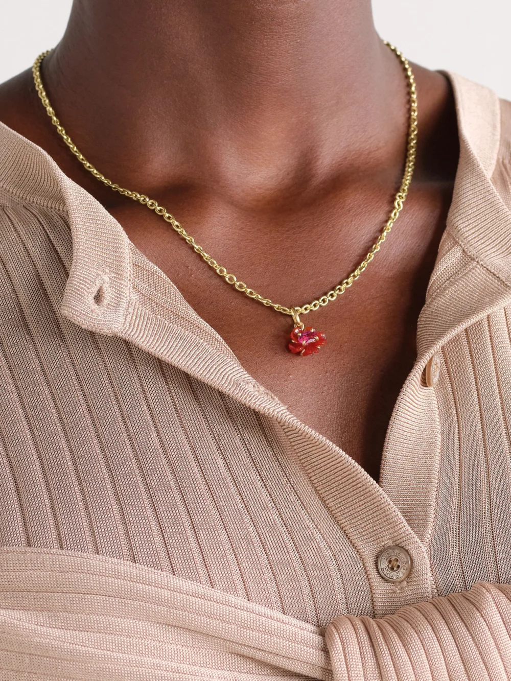 Irene Neuwirth Tropical Flower 18-karat Gold, Fire Opal and Rubellite Necklace, styled view
