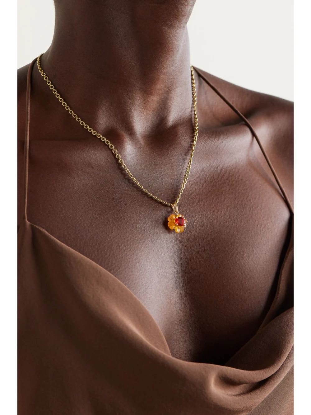 Irene Neuwirth Tropical Flower 18-karat Gold, Fire Opal Pendant, styled view