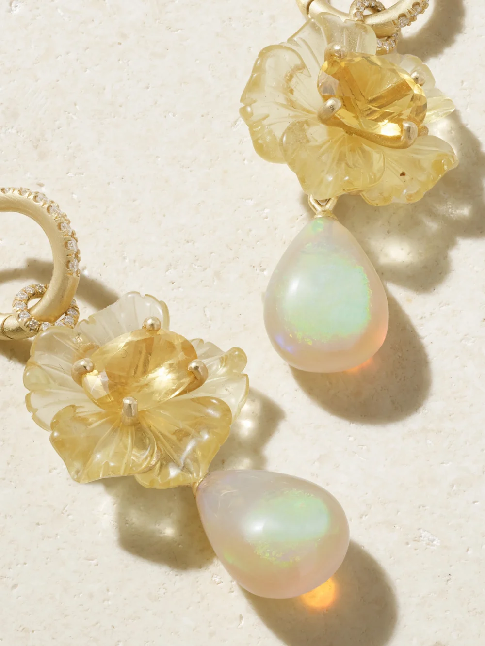 Close-up detail of the Irene Neuwirth Tropical Flower 18-karat Gold Multi-stone Earrings
