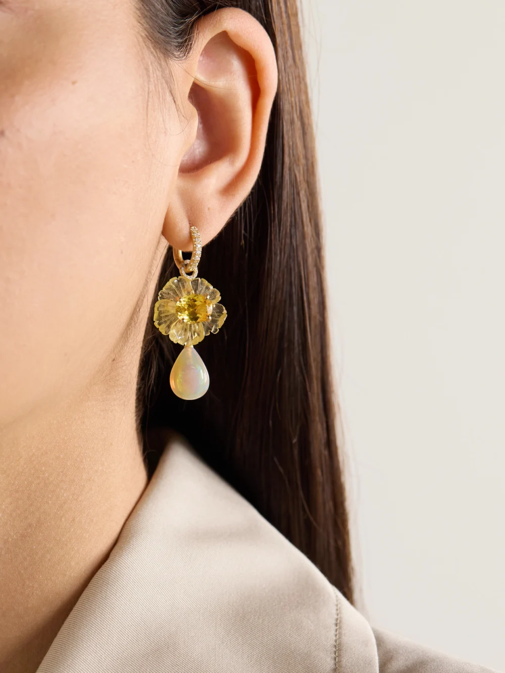 Irene Neuwirth Tropical Flower 18-karat Gold Multi-stone Earrings, styled view