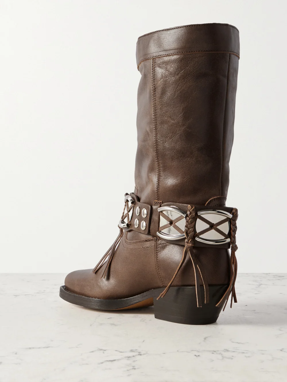 Back view of the Isabel Marant Ademe Embellished Fringed Leather Ankle Boots