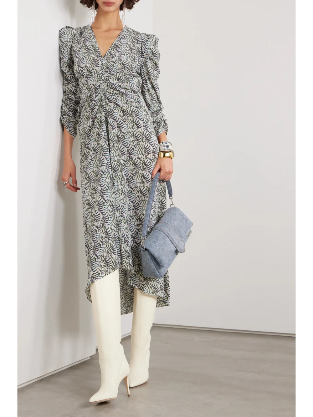 Isabel Marant Albini Asymmetric Printed Silk-blend Crepe Dress, worn by a model