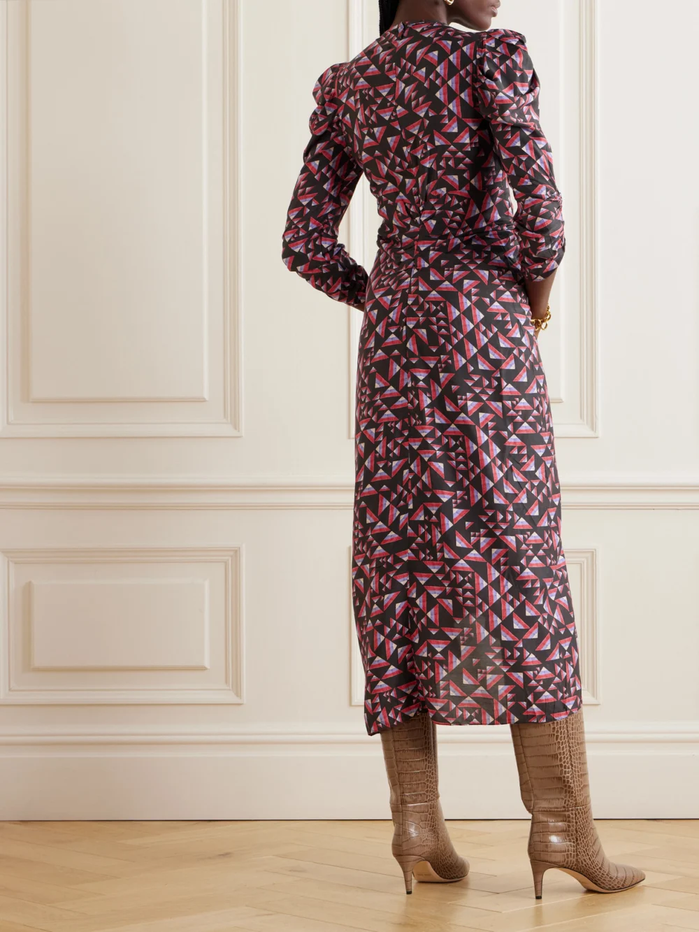 Back view of the Isabel Marant Albini Gathered Printed Voile Midi Dress