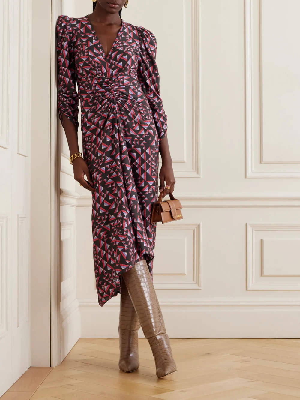 Isabel Marant Albini Gathered Printed Voile Midi Dress, worn by a model