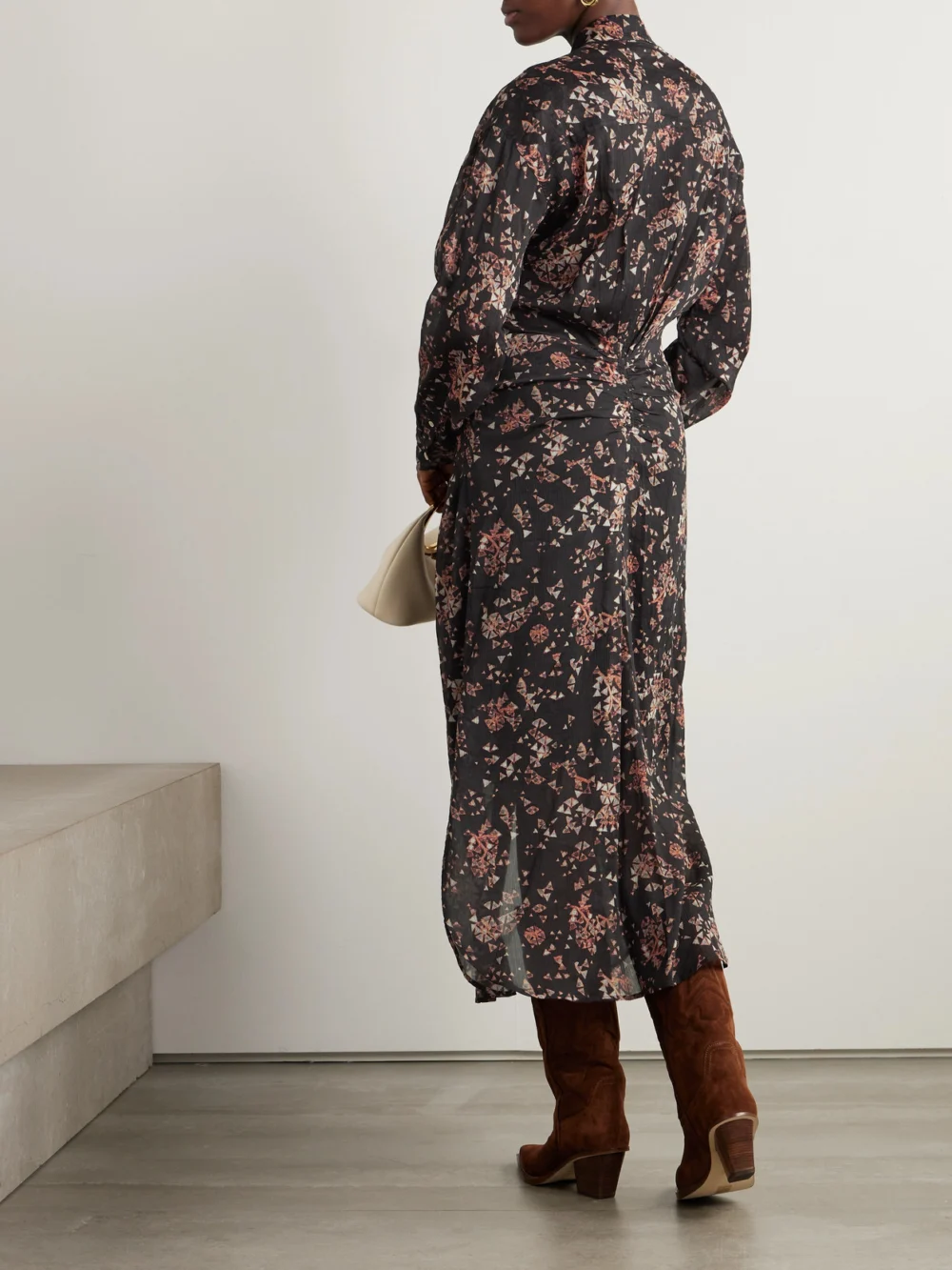 Back view of the Isabel Marant Anesy Gathered Printed Cotton and Silk-blend Crepon Midi Shirt Dress