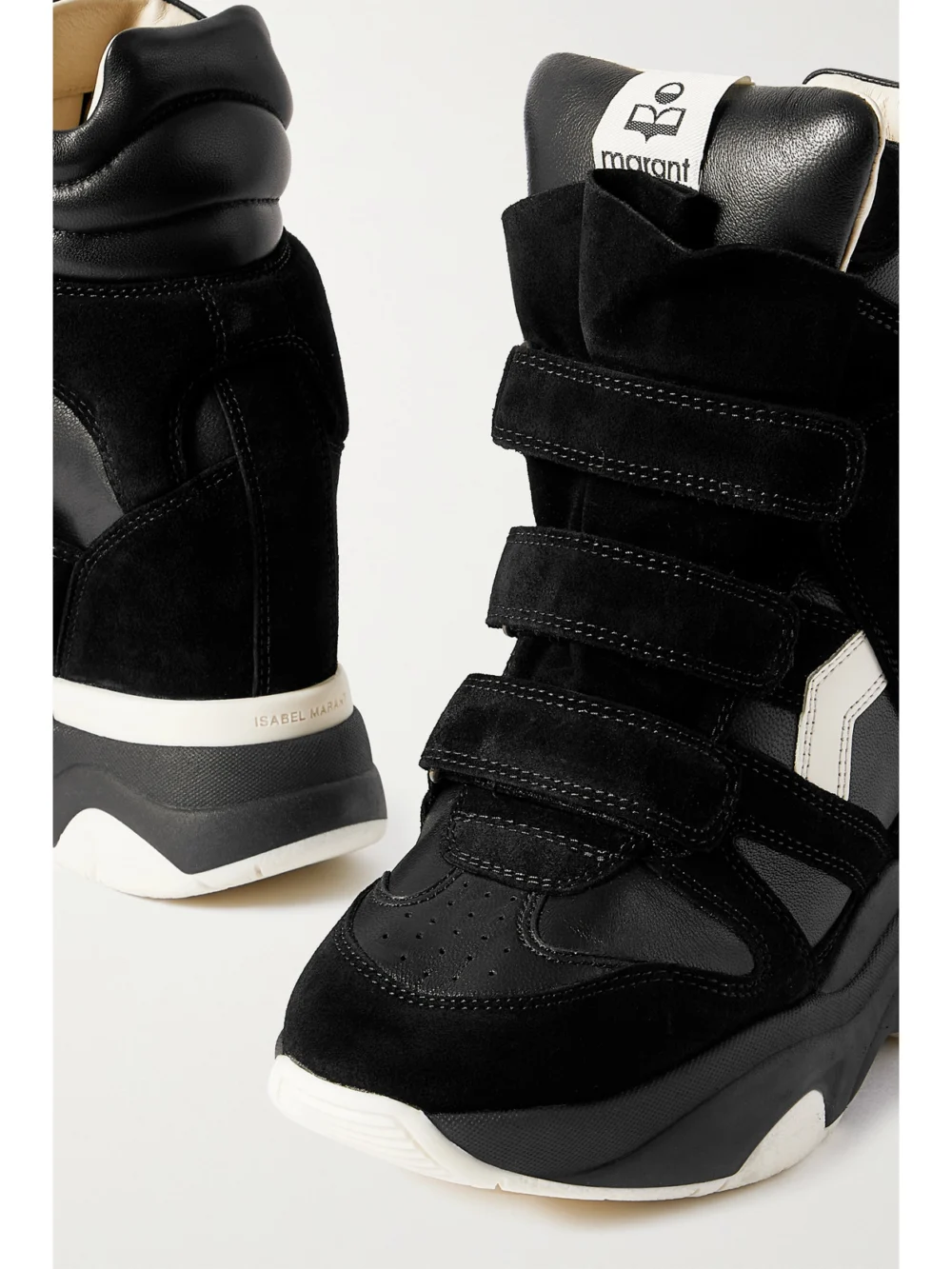 Close-up detail of the Isabel Marant Balskee Leather and Suede High-top Wedge Sneakers