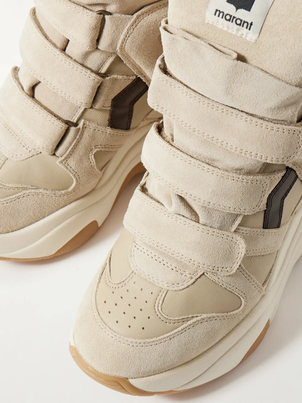 Close-up detail of the Isabel Marant Balskee Leather and Suede High-top Wedge Sneakers