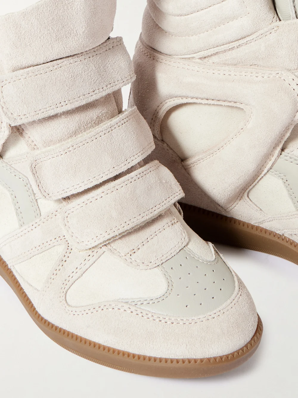 Close-up detail of the Isabel Marant Bekett Leather-trimmed Suede High-top Wedge Sneakers