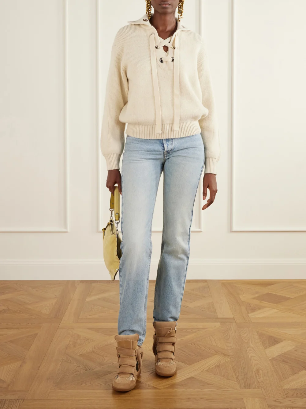 Isabel Marant Bekett Suede-trimmed Snake-effect Leather Wedge Sneakers, styled view