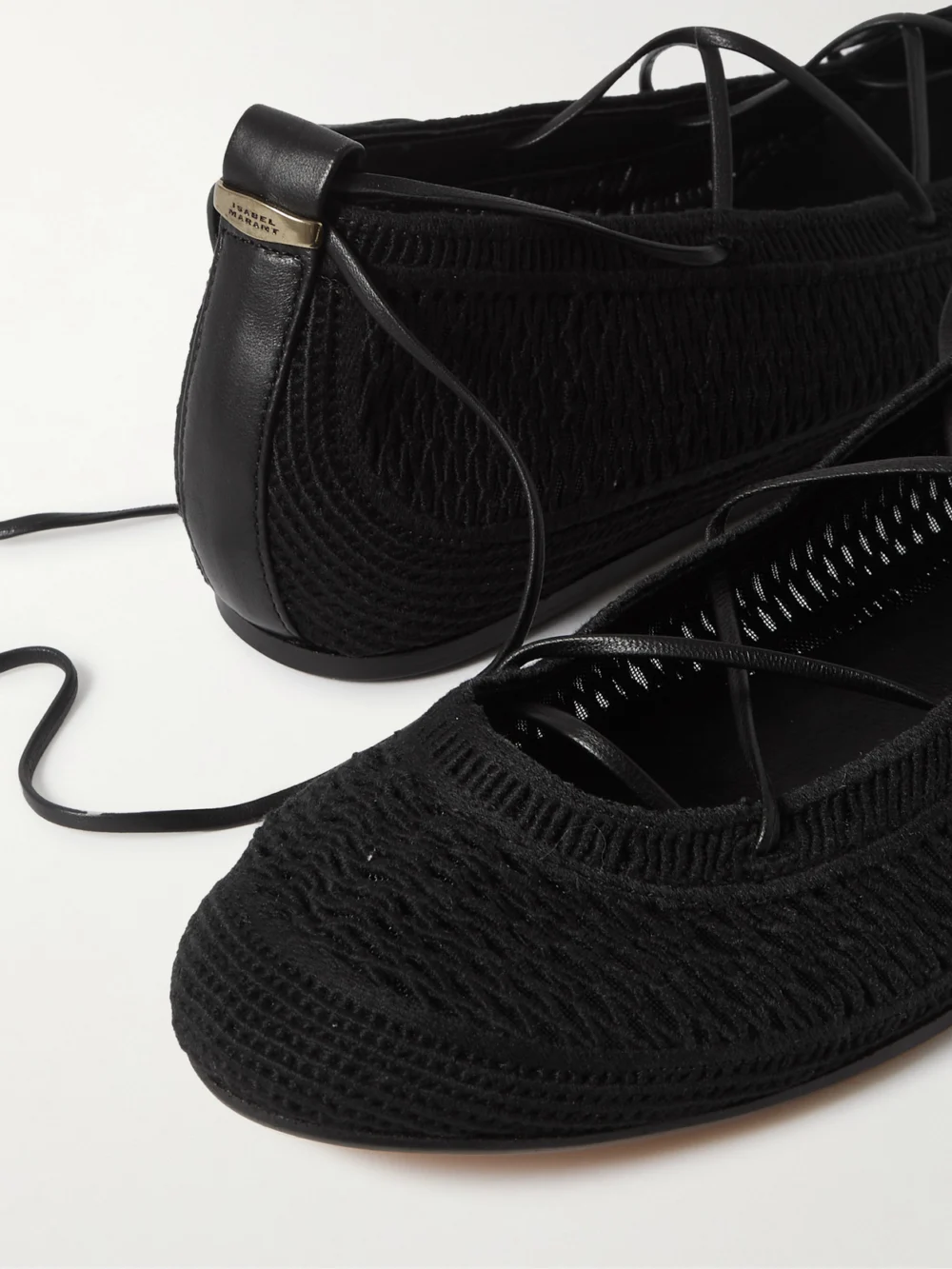 Close-up detail of the Isabel Marant Belna Leather-trimmed Woven Ballet Flats