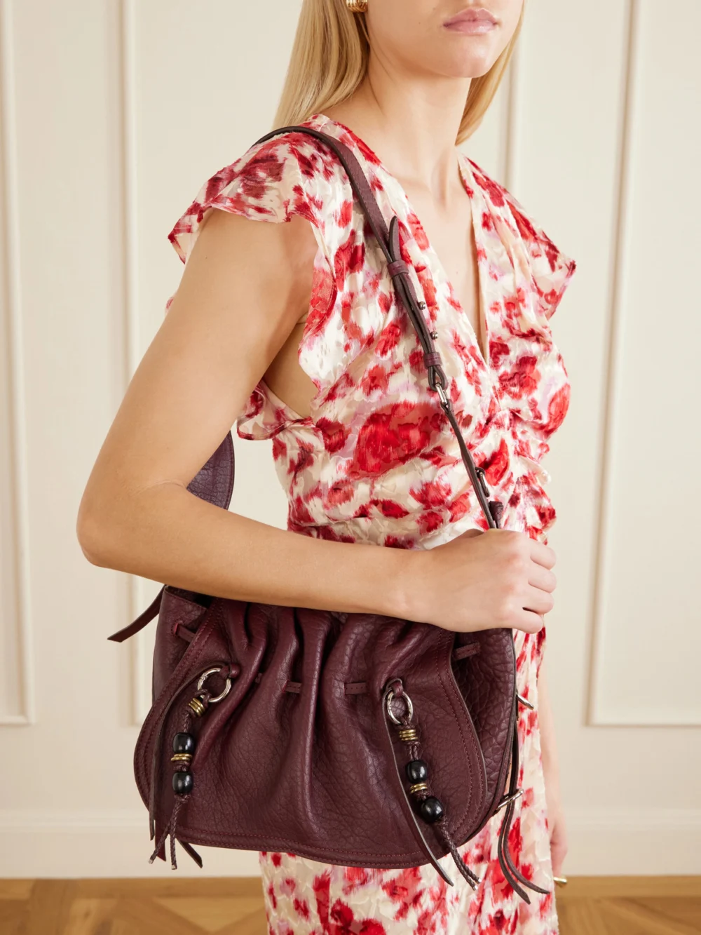 Isabel Marant Bolton Embellished Tasseled Textured-leather Shoulder Bag, styled view