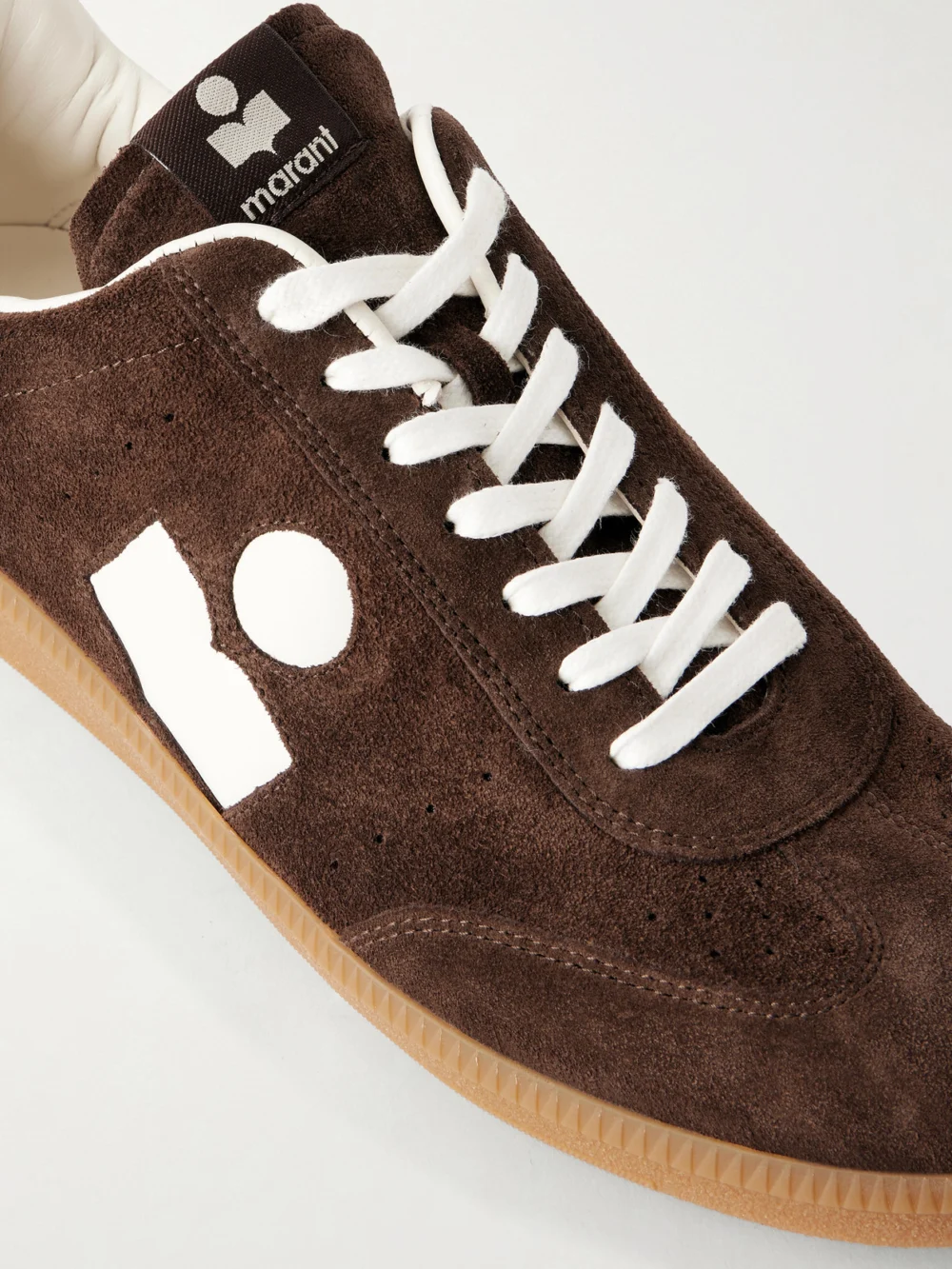 Close-up detail of the Isabel Marant Bryce Leather-trimmed Suede Sneakers