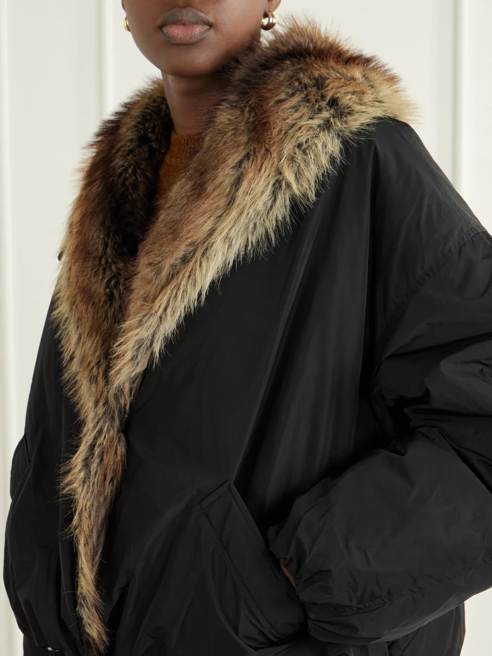 Close-up detail of the Isabel Marant Charone Reversible Plush-trimmed Shell Jacket