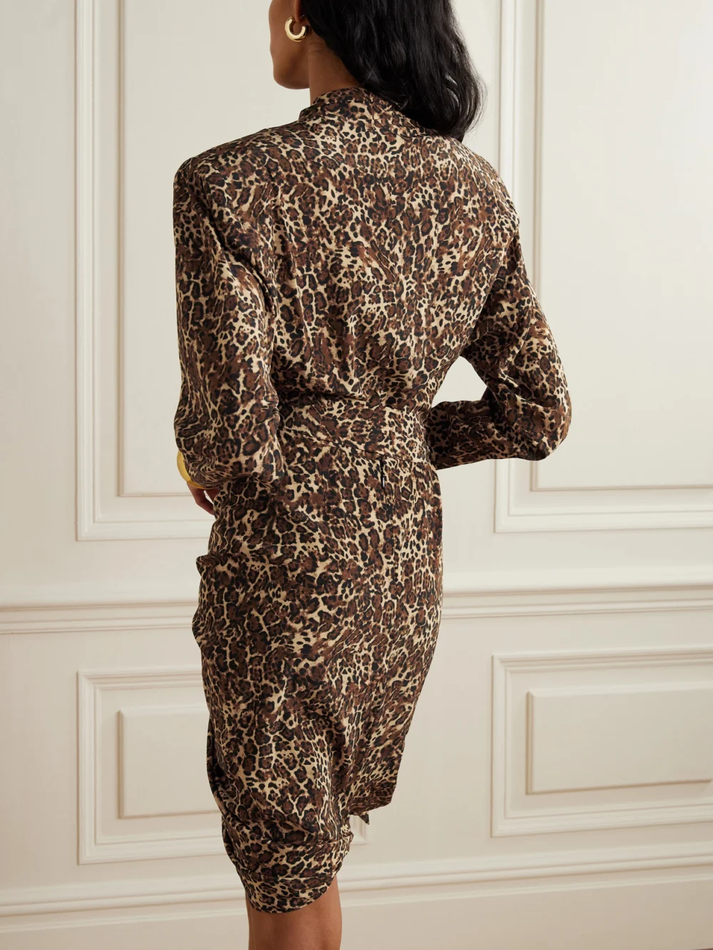 Back view of the Isabel Marant Cleora Asymmetric Belted Leopard-print Stretch-silk Dress