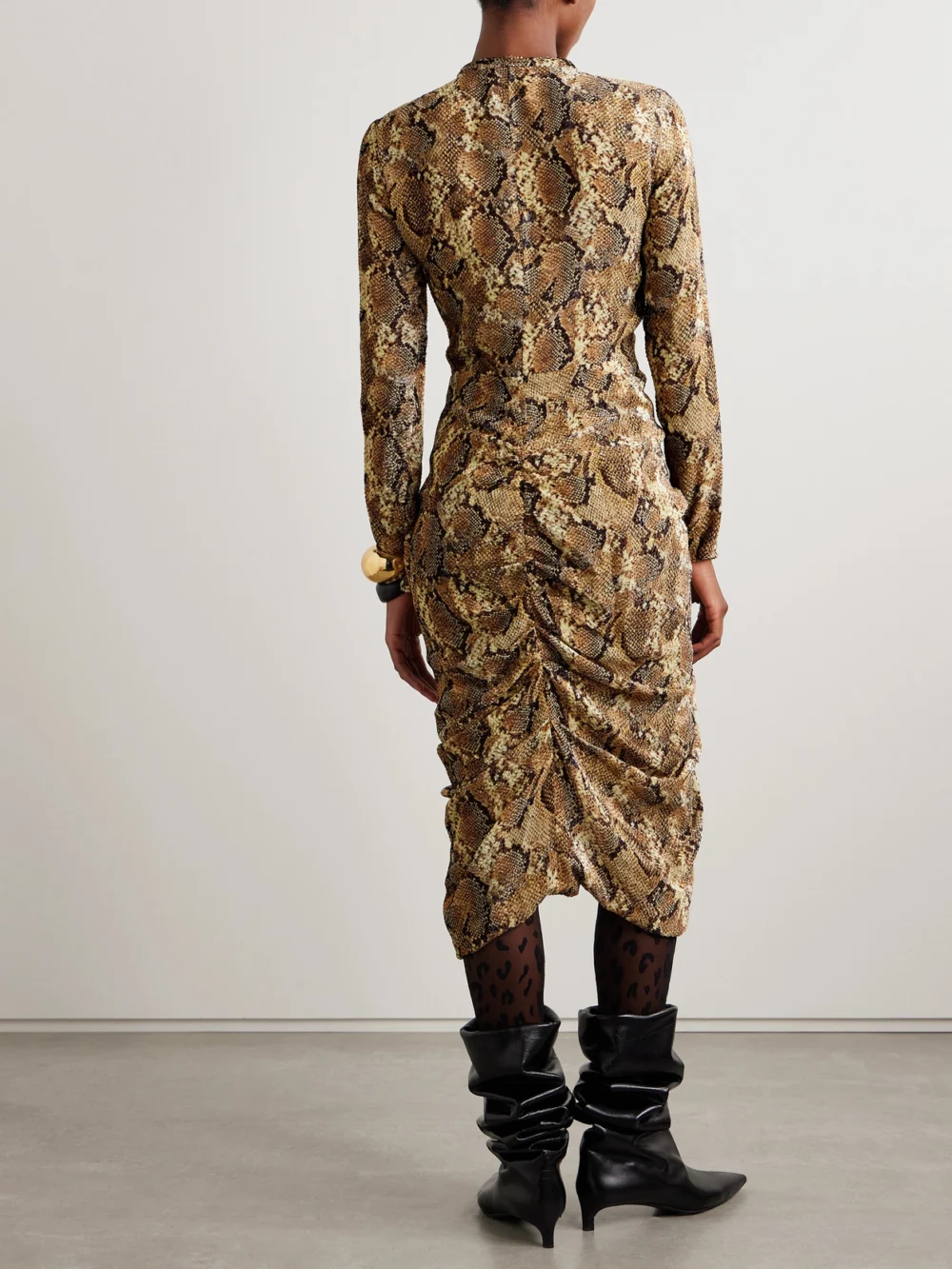Back view of the Isabel Marant Connie Pussy-bow Ruched Snake-print Devoré Silk-blend Midi Dress
