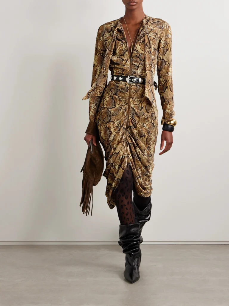 Isabel Marant Connie Pussy-bow Ruched Snake-print Devoré Silk-blend Midi Dress