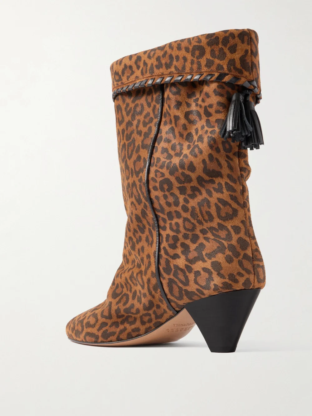 Back view of the Isabel Marant Dalby Tasseled Leather-trimmed Leopard-print Suede Ankle Boots